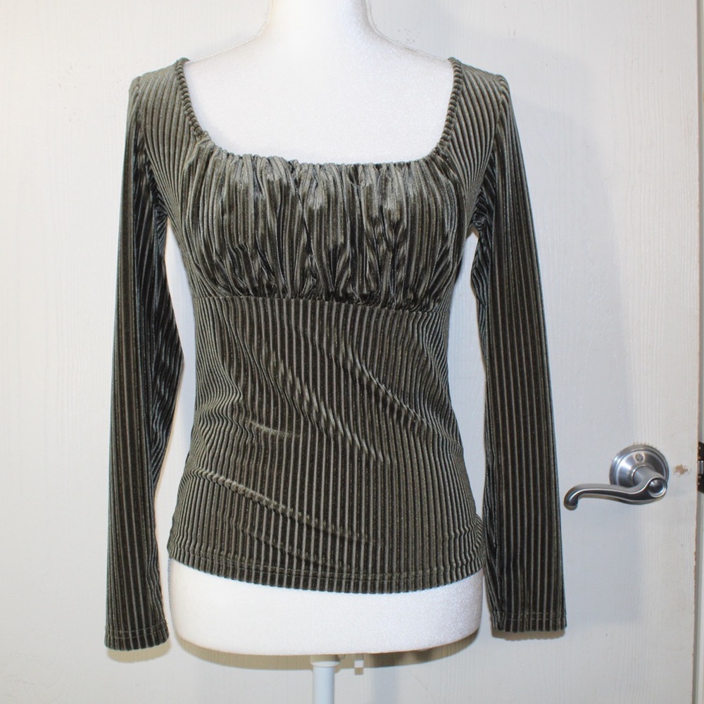 Shein GeeenVelvet Ruched Bustier Top Long Sleeve Square Neck Slim Fit T Shirt